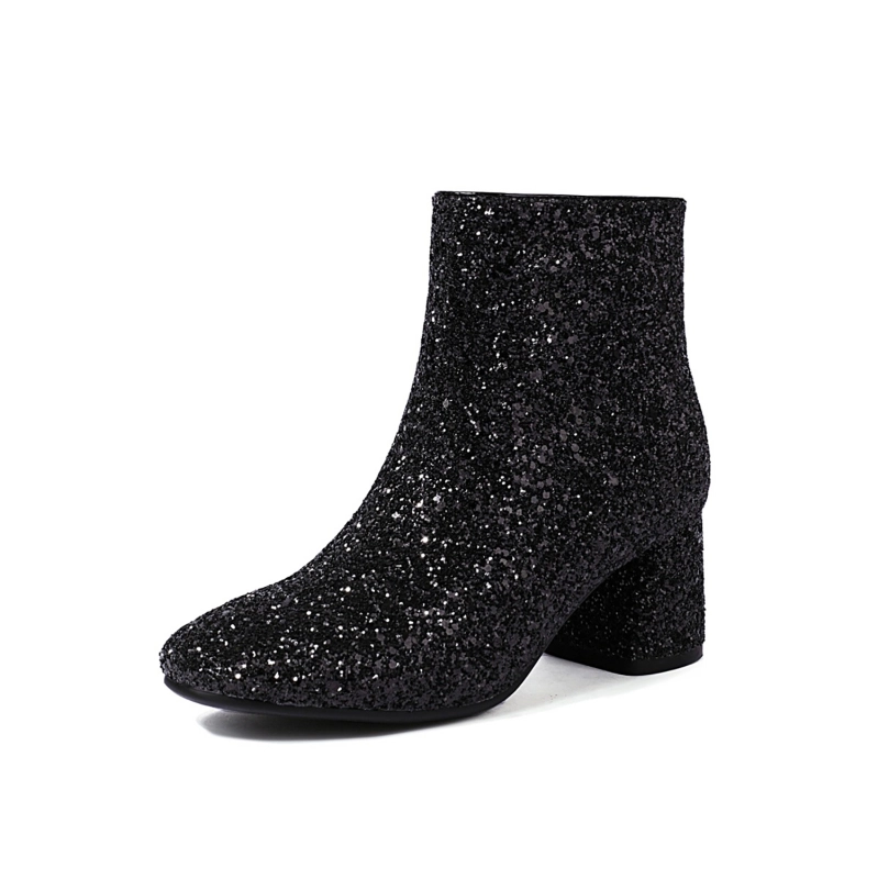 スクエアトゥ グリッター アンクルブーツ ローチャンキーヒールブーツ  