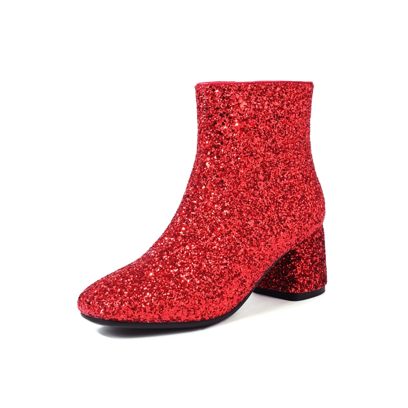 スクエアトゥ グリッター アンクルブーツ ローチャンキーヒールブーツ  