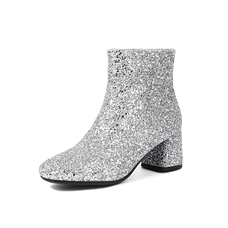 スクエアトゥ グリッター アンクルブーツ ローチャンキーヒールブーツ  