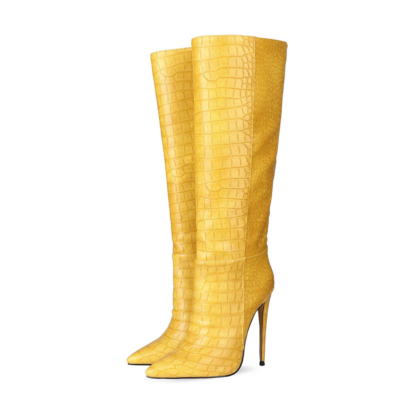 Up2step 黄色のセクシーな女性クロコ プリント スティレット ヒール ニーハイ ブーツ