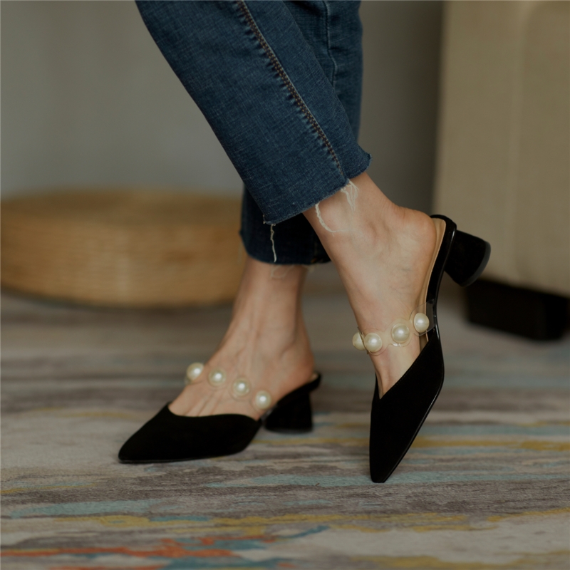 2色 22春新作 パール ストラップ ミュールヒール お洒落なサンダル Up2step